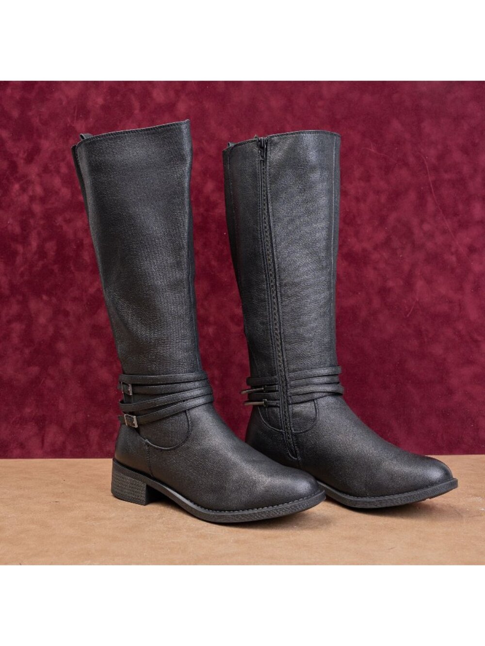 White Mountain Women Black Faux Leather Classic Riding Wide Calf Boots sz 9W WC
